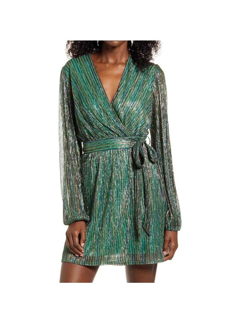 4Sienna Wrap Dress Metallic Stripe New Years Party Glam Cocktail Green Size S